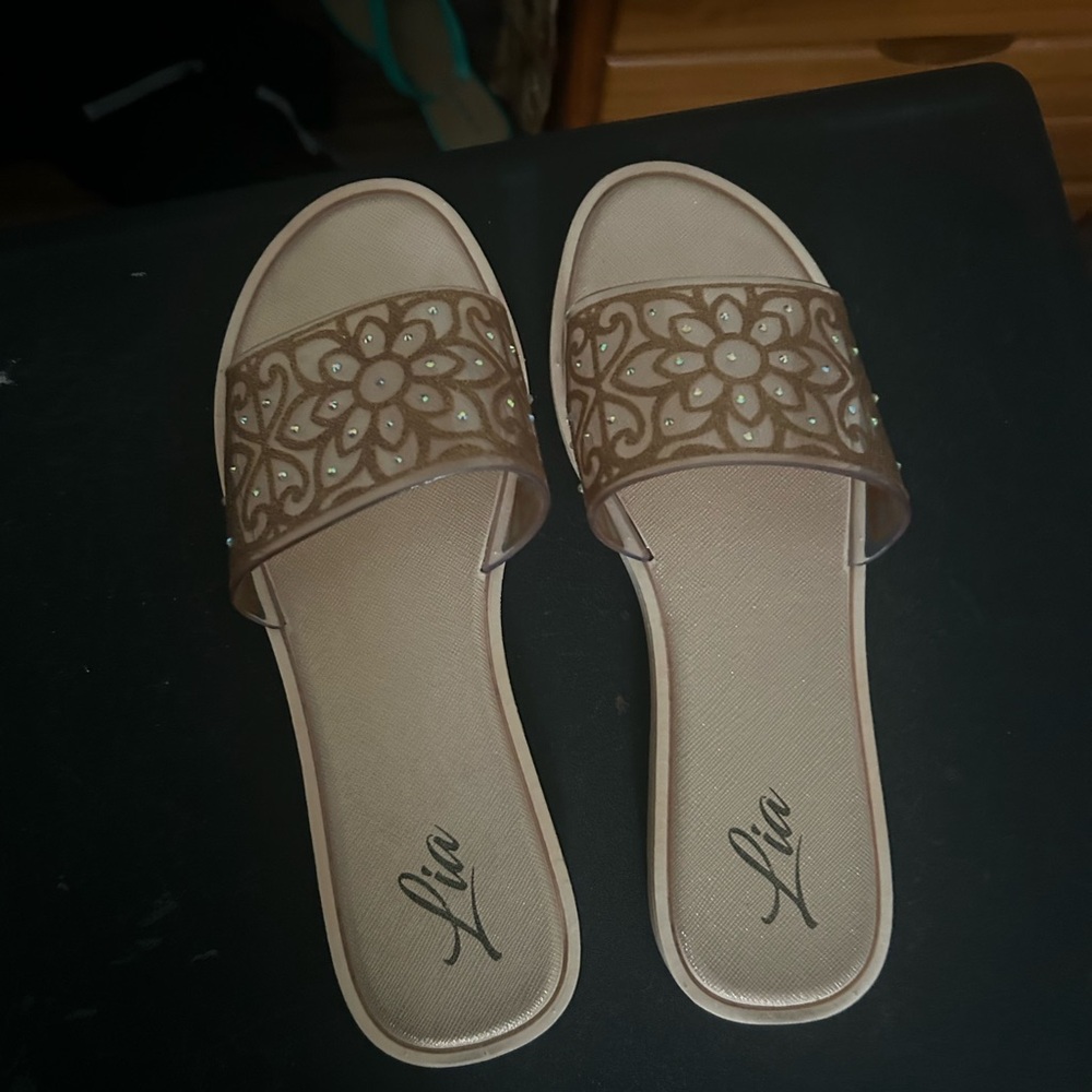 Lia Women's Tan Embellished Slide Sandals